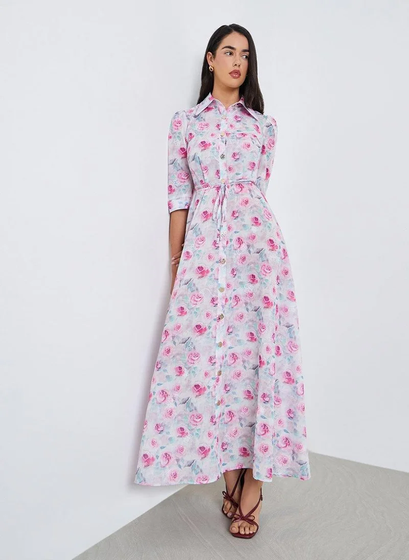Styli Women Floral Long Sleeves Shirt Maxi Dress